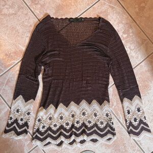 BCBG crochet open knit cottagecore earthy boho coastal artistic tunic top